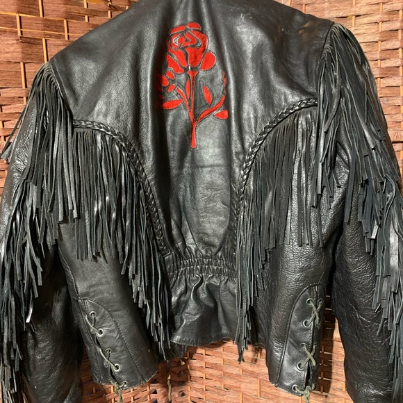 EXTREMELY HEAVY BULL SKIN Black Leather Jacket with Red Suede Roses as Accents - Picture 16 of 16